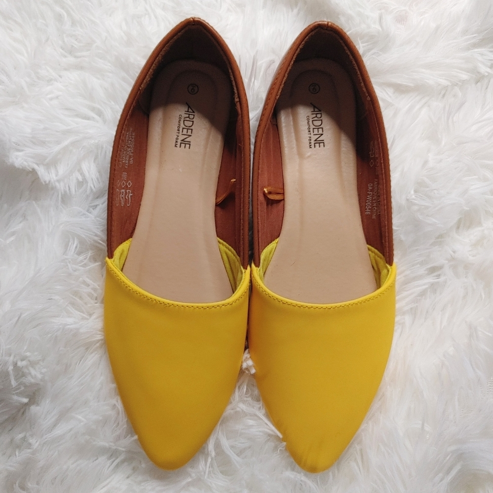 Ardene || Almond Toe Duotone Faux Leather Flats, Size 9, Yellow & Tan